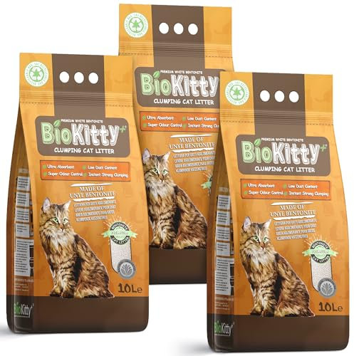 BioKitty 30L Highly Absorbent Natural Bentonite Minerals Cat Litter, Long Lasting Odour Control, Maximum Hygiene with Strong Cat Litter Clumping, 3x8.5kg/10L x 3 bag (Unscented)
