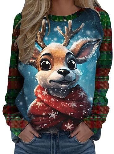 Weihnachtspullover Damen Langarmshirt- Pullover Weihnachten Damen Sweatshirt-Weihnachtsshirt Damen Langarm mit Wichtel Weihnachtsmotiv Tshirt Lustig Weihnachts T-Shirts für Frauen Teenager Mädchen