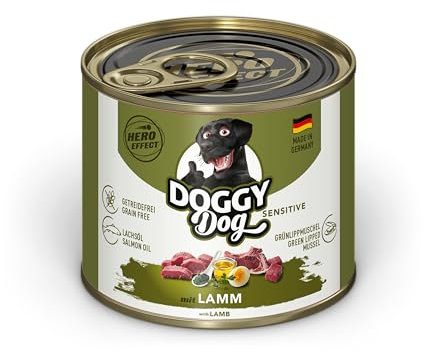 DOGGY Dog Paté Lamm Sensitive, 6 x 200 g, Nassfutter für Hunde, getreidefreies Hundefutter mit Lachsöl und Grünlippmuschel, besonders gut verträgliches Alleinfuttermittel, Made in Germany
