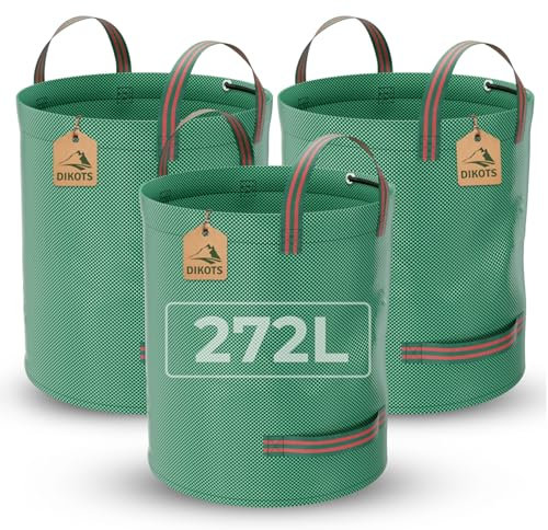 DIKOTS Garden waste bags heavy duty - 272L Pack of 3 reusable garden bags heavy duty with handles - Industrial standard garden sacks ideal for collecting plant waste grass & leaves