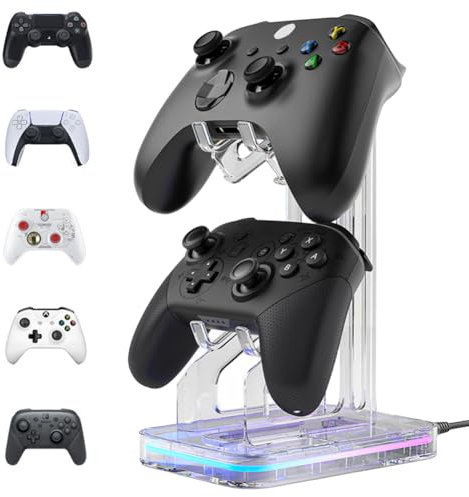 OKESYO Game Controller Halter mit RGB Licht, Acryl Universalhalterung für PS5/PS4/Nintendo Switch/Xbox Series, Gaming Zubehör mit 2 USB Anschlüsse, 1 Typ-C Anschluss, rutschfeste Matte