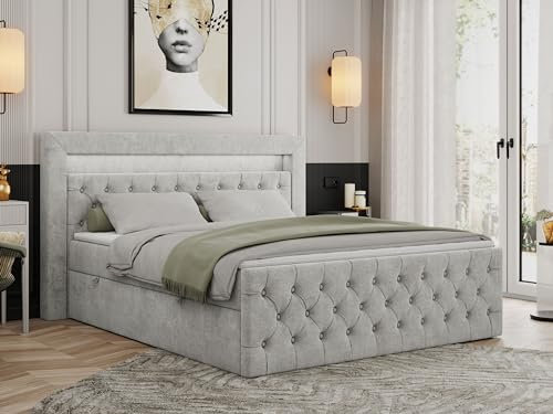 MKS MEBLE Boxspringbett 200x200 mit Led Grau, Bett Polsterbett 200x200 mit LED Kopfteil, Multipocket Matratze H3, Doppelbett mit Bettkasten Stauraumbett - Gold-9 - Hellgrau Struktur