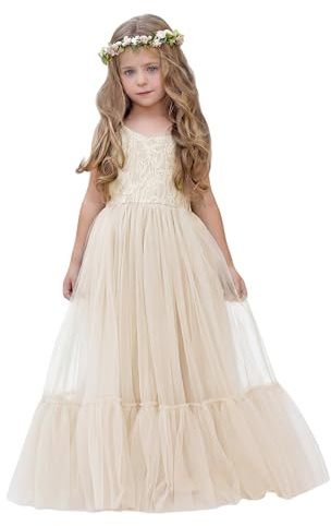 LalaMira Flower Girl Dress Lace/Tulle Boho Toddler Dresses Ruffle Girl Dress for Wedding Garden Party First Communion Holiday Beach Ivory-6 Years