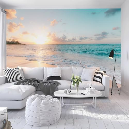 Papier peint autocollant amovible pour bureau, chambre à coucher, salon - Motif océan tropical - Coucher de soleil