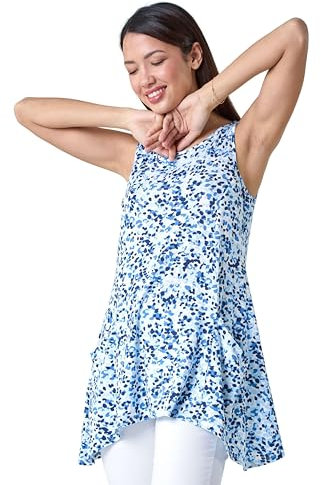 Roman Originals Swing Top with Pockets for Women UK Ladies Hanky Hem Asymmetric Tunic Blouse Longline Long Stretch Jersey Casual Round NeckTee Shirt T-Shirt - Blue White Navy - Size 10