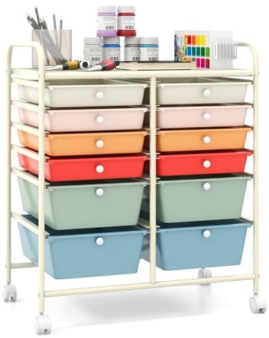 COSTWAY 12 Drawers Rolling Storage Cart, Home Office Stationary Utility Trolley with 4 Wheels, Multipurpose Mobile Organiser Shelving Unit for Makeup Beauty Salon (Colorful)