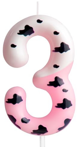 Cxryrzhe Number 3 Birthday Candle Cow Cake Decoration Pink Black Spot Animal Zoo Themed Cake Topper Unscented