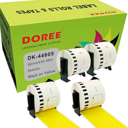 DOREE 4 Rollen DK-44605 Entfernbar Endlos-Etiketten, schwarz auf gelbem Hintergrund, 62 mm × 30,48 m, kompatibel mit Brother QL-500,QL-550,QL-570,QL-700,QL-800,QL-810W,QL-820NWB,QL-1100,QL-1110NWB.