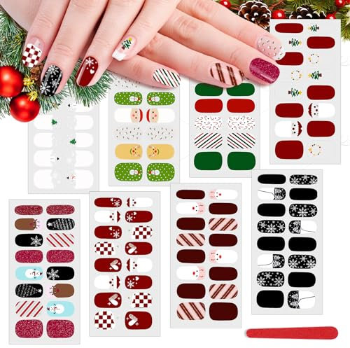 JSRQT 8 Sheets Christmas Full Wraps Nail Polish Stickers, Self-Adhesive Nail Art Sticker Decals, Snowman Snowflake Gel Nail Sticker with Nail File, Nail Stickers Strips Nail Decoration for Women Girls