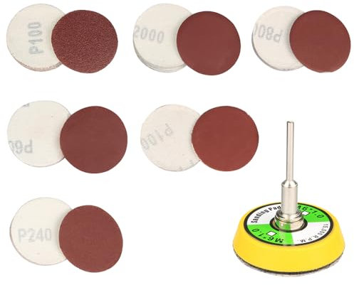 Treki 60 Stück 50mm Schleifpapier Klett mit Schleifteller 3mm Schaft Mini Schleifscheiben Pad Kit 100/240/600/800/1000/2000er Körnung, Rund Schleifpads Schleifaufsatz für Bohrmaschine für Holz Metall