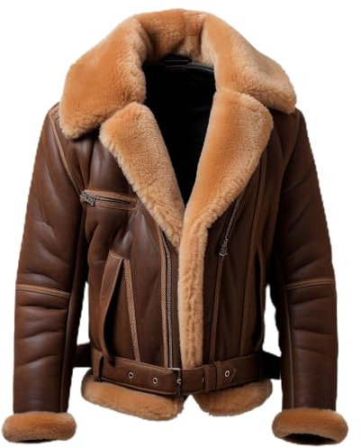 Herren B3-Bomberjacke, Lammfell-Revers, Pelz, Lederjacke, Mantel, Seitentaschen, Luftfahrt, Echtlederjacken, Braun: Echtes Leder, XXL
