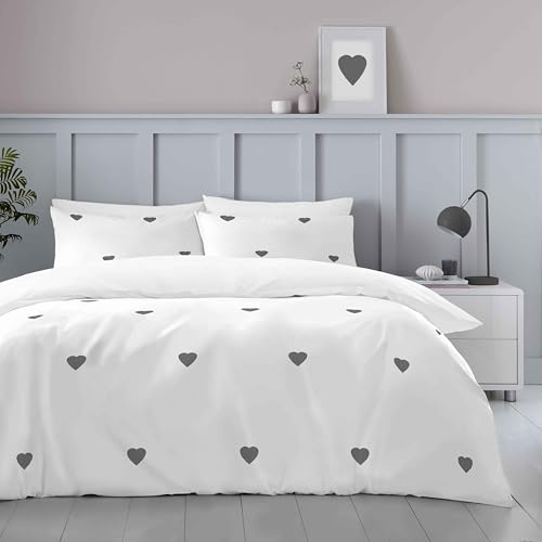 GC GAVENO CAVAILIA Embroidered Heart Bedding Set - Breathable Duvet Cover Double With Pillowcases - Comforter Cover Duvet Sets (200x200 cm) - White/Charcoal