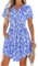 AUSELILY Summer Dresses for Women UK Casual V Neck Short Sleeve Drawstring Midi Dresses with Pockets Blue Flowers L