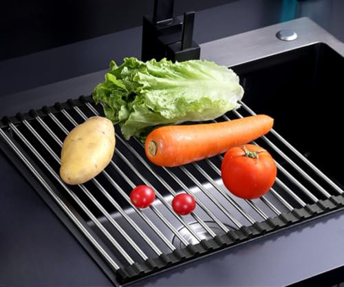 GDJIAYIYI Escurridor de platos enrollable para fregadero ideal para secar platos de cocina y almacenamiento (50 x 40 cm, 20 tubos, negro)