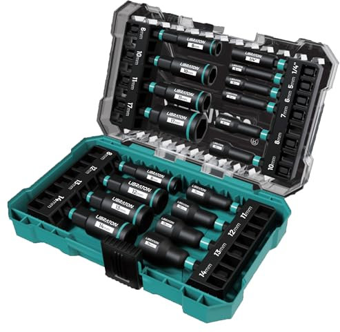 LIBRATON Douille Visseuse Magnétique, Visseuses à Choc 18 Pièces, Douille Profonde, Tourne-écrous Métriques, Douilles 5-14mm et Profondes 6-17mm, Porte-embout, Boîte de Rangement