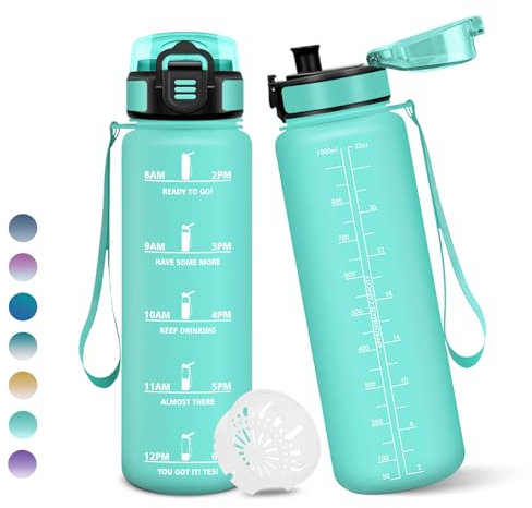 Botella Agua, 1 litro Libre de BPA, Botella Agua Gimnasio, Con Marca de Tiempo, Botellas de Agua, Diseño de Cerradura a Prueba de Fugas, Botellas de Agua Para Niños para Deportes - Azul Verde