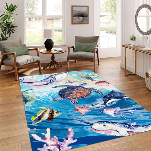 YJDRUG 3D Blauer Seestern Ozean Teppich 80x150cm - rutschfest, Waschbar, Weicher Niederflor, Delfin Schildkröte Tropische Fische Riff Design für Sommerhaus Deko, Badezimmer, Kinderzimmer