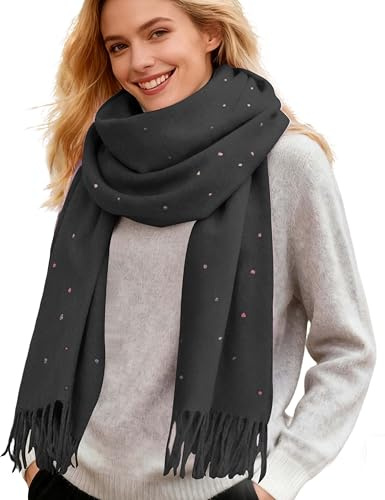 Turmaster Schal Damen, Kaschmirimitat-Herbst- und Winterschal, Damenschal mit bunten Punkten und Quasten, Kurzen Fransen 180x65cm,Schwarz