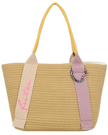 Fritzi Happy Summer Shopper Strohtasche Damen Shopper Handtasche Festival Beach vegan Stroh-Optik Herzkarabiner 25 x 37 x 11,5 cm – Beige-Blue, Pink, Mint, Orange