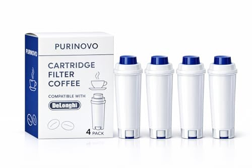 PURINOVO Filtre Eau Compatible DeLonghi DLSC002 SER3017 – Lot de 4 Cartouches Anti-Calcaire pour Magnifica, Dinamica, ECAM, ESAM, Autentica – Améliore le Goût du Café
