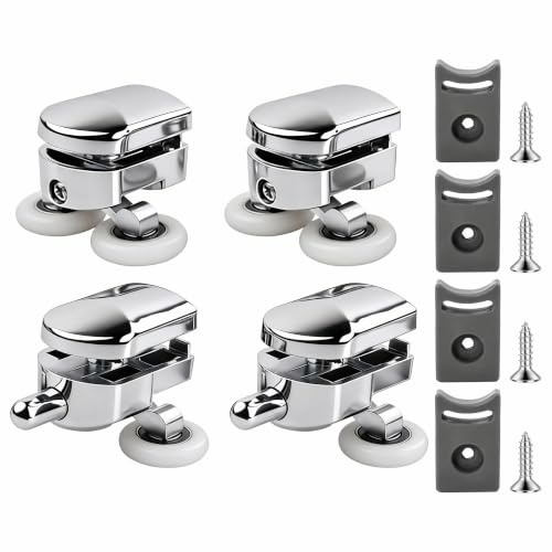 4 Pcs Shower Door Rollers Replacement Wheels, 23mm Sliding Glass Door Wheel with Anti Collision Block and Screws Sliding Shower Doors Runners for Curved Sliding Glass Doors (2 Top & 2 Bottom)
