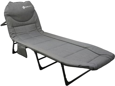 Eurocatch Klappbare Karpfenliege Grau - 5-Fach Verstellbare Rückenlehne - 4 Stützbeine - Gepolsterte Kopfstütze - Seitentasche - Kompakte Karpfenliege - 195x65x27 cm