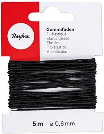 Rayher 8909001 Gummifaden, 0,6 mm ø, Karte 5 m, schwarz, elastische Gummischnur zum Nähen von Behelfsmasken, für Armbänder usw.