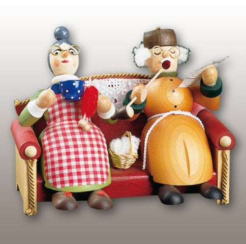 Richard Glässer Seiffen Räuchermann Oma und Opa auf dem Sofa, 13 cm hoch, original Erzgebirge