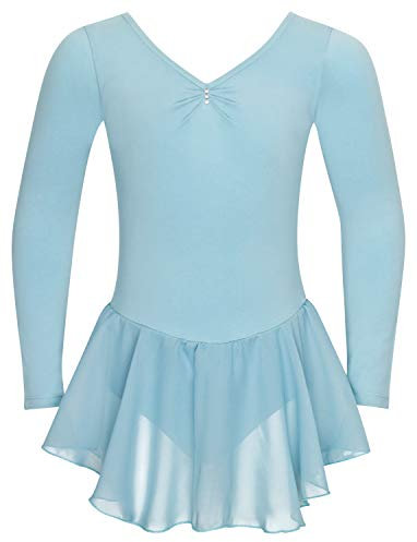 tanzmuster ® Ballettkleid Mädchen Langarm - Anna - aus weichem Baumwollstoff mit Glitzersteinen und Chiffon Röckchen fürs Kinder Ballett Ballettbodyin hellblau, Größe:104/110