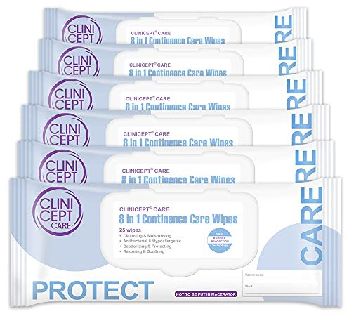 Clinicept Care 8-in-1 Incontinence Wipes - pH Balanced, Alcohol Free, NHS Approved, Incontinence cloths, Soothes and Moisturises for Adult Patient care. (6 Packs of 25, 150 Wipes)