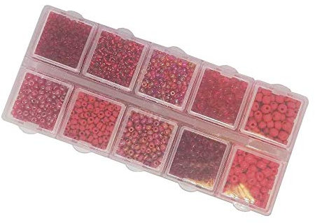 Perlin Rocailles Set Perlen 2mm 3mm 4mm mit Sortierbox 120g Farbtöniges Glasperlen in Box Rundform Perlenset Bastelset Perle zum auffädeln Miniperlen (Rot)