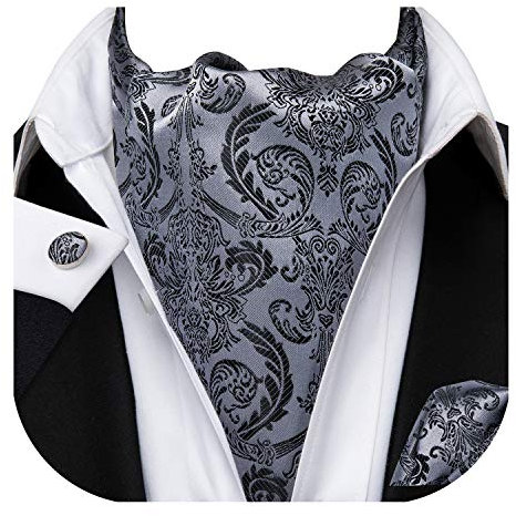Dubulle Krawatten-Set für Herren mit Einstecktuch und Manschettenknöpfen, Ascot und Taschentuch, schwarz / grau, Medium
