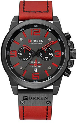CURREN Chronograph, Mode-Trend, Multifunktions-Armbanduhr, wasserdicht, Quarzuhr, Lederarmband, Militär-Armbanduhr, schwarz / rot, Luxus