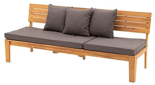 OUTLIV. 3-Sitzerbank Genua Akazie, Wetterfeste Gartenbank aus Holz mit Polyesterkissen, Verstellbare Rückenlehne, Beistelltisch, Grau Meliert, 200x72x80 cm