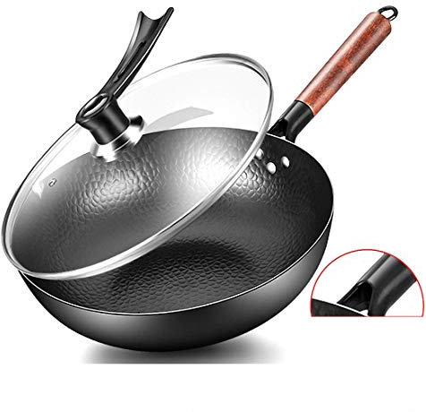 Sartén Wok de hierro fundido con tapa de pie por CASIZ, sartén antiadherente apta para cocina de gas e inducción, Hierro fundido, Juego de olla con tapa de cristal, 32 cm