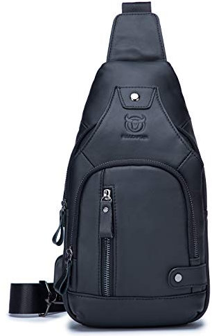 SIDNAZ Herren Echtleder Brusttasche Brustbeutel Leder Schultertasche Schulter Rucksack Reisetasche Crossbody DE915 Schwarz