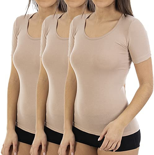 Lacotex Camiseta Interior de Mujer | Camiseta Camiseta Manga Corta y Cuello Pico | Confort y Protección Térmica Interior | Pack Ahorro 3 Unidades | Talla XL LCT462 Vison