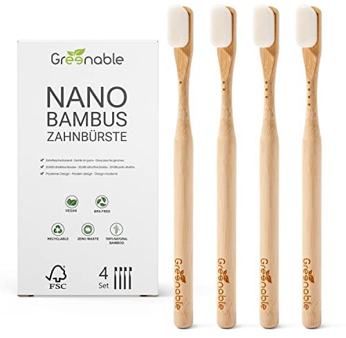 Greenable ® Nano Lot de 4 brosses à dents en bambou – 20 000 poils extra doux – 100 % sans BPA – Brosse à dents en bambou végétalienne et respectueuse de l'environnement (blanc)