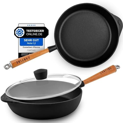 Oakfire Gusseisen Pfanne Schmorpfanne Bratpfanne emailliert 28cm Induktion Gusseisern mit Non-Stick Patina, Emaille… (Schwarz, Bratpfanne mit Deckel)