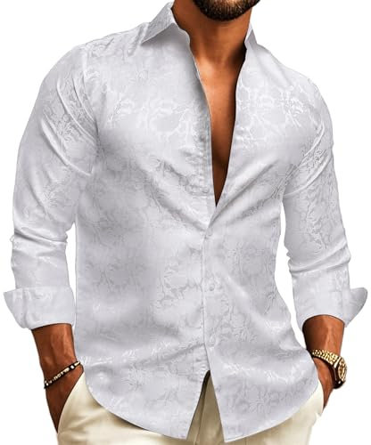 Barry.Wang Men Dress Shirt Silk Luxury Paisley Floral Long Sleeve Big and Tall Wedding Party Casual Business Formal Shirts White S-3XL