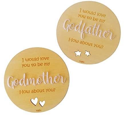 nagu® EN- Quieres ser mi madrina? Quieres ser mi padrino? | Dos Placas de Madera de 10 cm de Diámetro para Anunciar Embarazo | Tarjeta Regalo Padrinos Bautizo | Detalles Bautizo El Padrino