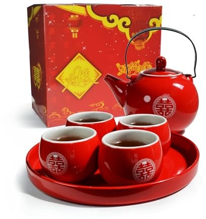 Fiesta Chinesisches Tee-Geschenk-Set, 1 Teekanne, 4 Tassen, Porzellan-Tablett für Zeremonie, Hochzeit, Party, Heimdekoration