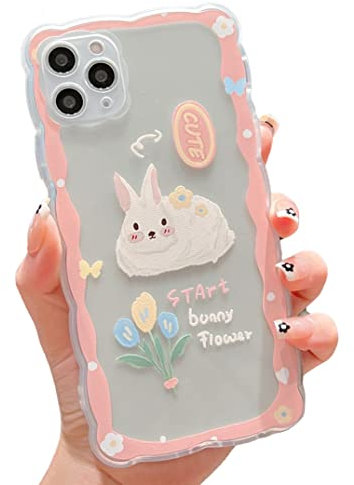 SZXYCZL Compatible with iPhone 11 Pro Max Case Cute Cartoon Floral Rabbit Design for Women Girls Aesthetic Kawaii Slim Soft TPU Transparent Cover for iPhone 11 Pro Max 6.5 inch-Pink