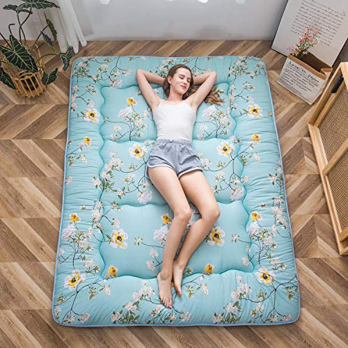 MAXYOYO Japanische Bodenmatratze Futonmatratze, Verdicken Tatami Matte Isomatte Faltbare Roll-Up Matratze Schlafsaal Matratzenauflage Bodenliege Kissen Bett (Grün Floral, 90 x 200 cm)