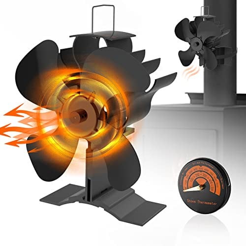 VAZILLIO Stove Fan 2 in 1 Log Burner Fan with Thermometer Heat Powered 4 Blades Wood Burner Fans Eco Friendly Heat Circulation for Wood/Log Burner/Fireplace, HL-600D