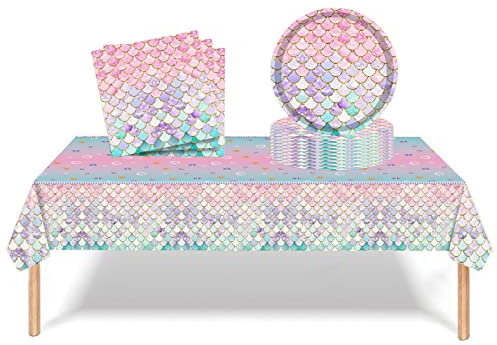 Mienocol Mermaid Party Tableware Set for Girls - 37pcs Themed Party Supplies With Paper Plates, Napkins, Tablecloth - Birthday Party Decorations