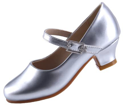 EIGHT KM Scarpe con Tacco per Ragazze Mary Jane Eleganti Principessa Décolleté da Matrimonio EKM7015 Pelle Verniciata Argento Taglia EU 30