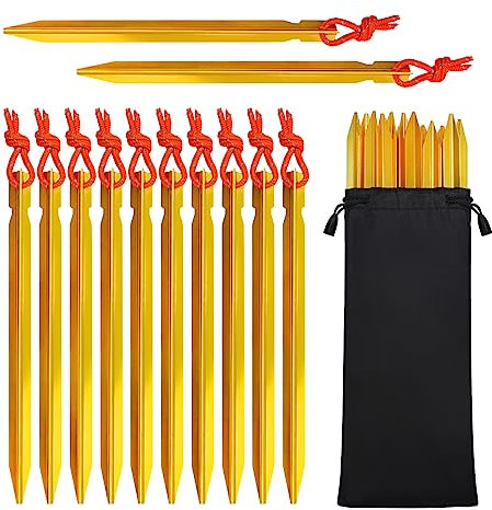 JOYSKY 12 PCS Aluminium Tent Pegs Lightweight Camping Pegs Tent Stakes with Reflective Cord suitable for Tents Tarpaulins and Hammock Rain Covers