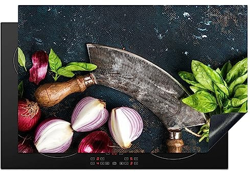 KitchenYeah© Herdabdeckplatte Einteilig Herdabdeckung Abdeckplatte für Ceranfeld Abdeckung Induktionskochfeld Aufrollbare Matte Gemüse - Kräuter - Wiegemesser - Zwiebel - Gewürze - 80x52 cm