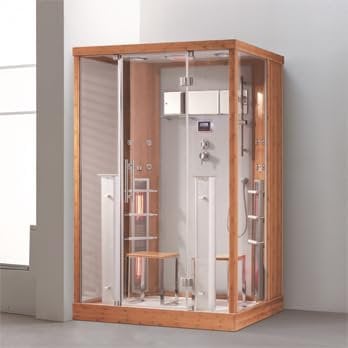 PureHaven - Doccia a vapore 2 in 1 e sauna a infrarossi, 145 x 90 x 215 cm, telaio in alluminio, accessori completi, doccetta tropicale, seduta radio, funzione massaggiante, colore legno